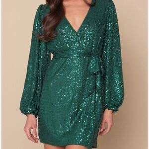 Lulu's Sparkly Darling Emerald Green Sequin Ling Sleeve Dress